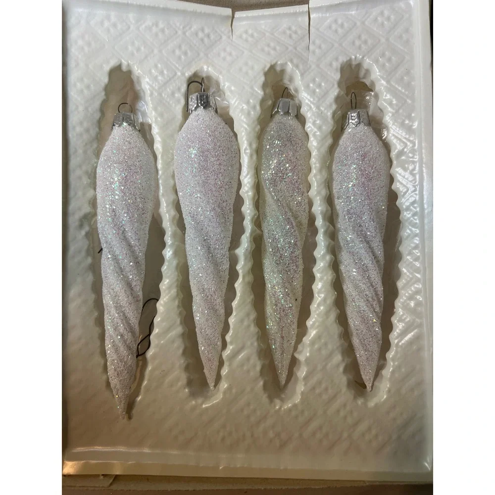 Vintage Commodore Christmas Classics Glass Icicle Ornaments White Glitter Set 4